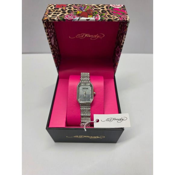 Ed Hardy Accessories - Ed Hardy Womens Rhinestone Silver Watch Y2K Octagon Face Original Box NWT